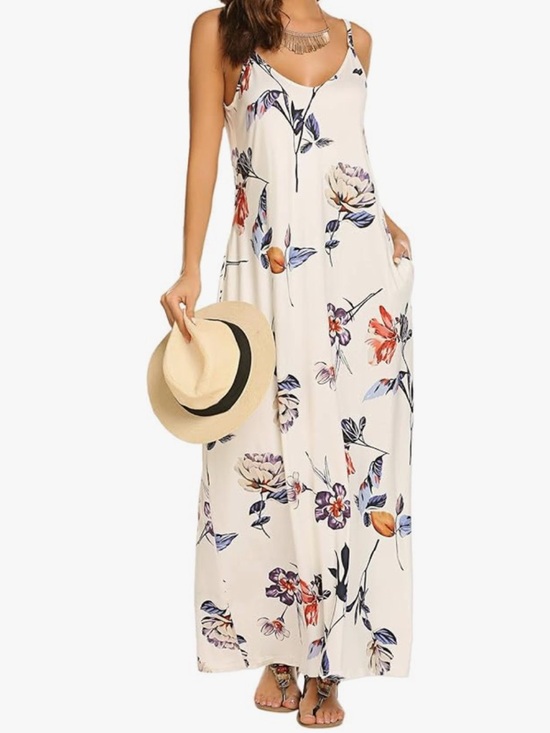 Dresses & Skirts - Women’s Cream Floral Maxi Dress - Lightweight Summer Slip Dress